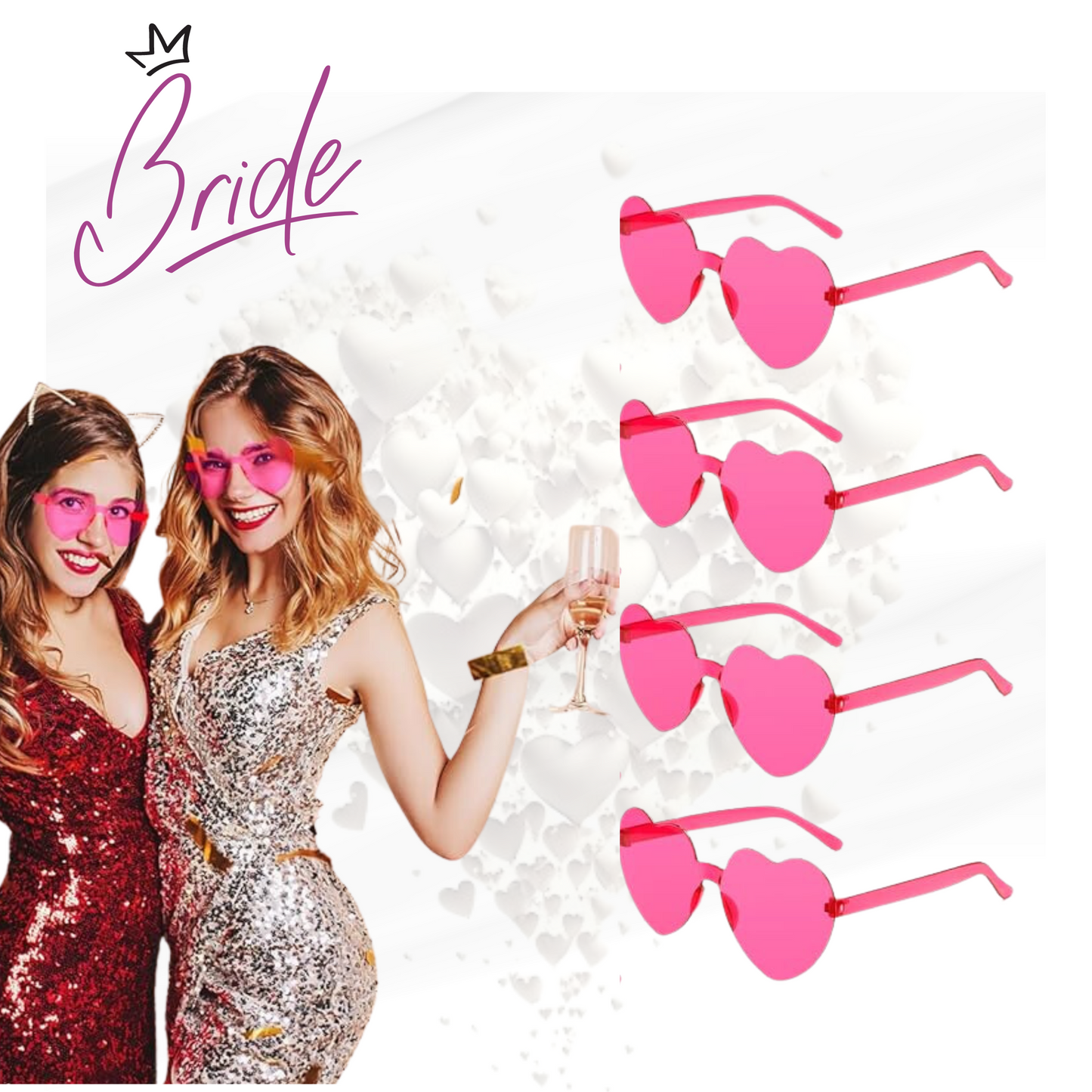 Bride - 12 Gafas en Forma de Corazón (Color Rosa Subido)